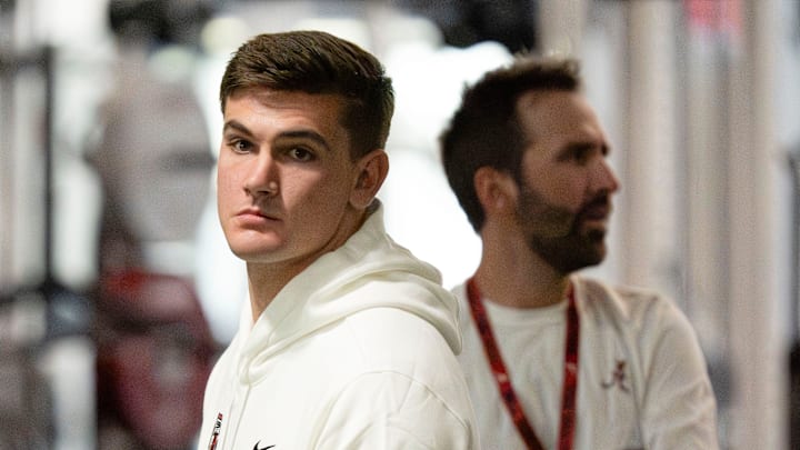 March 25, 2026; Tuscaloosa, AL, USA; Quarterback Ty Simpson waits to throw during Pro Day in the Hank Crisp Indoor Practice Facility at the University of Alabama.