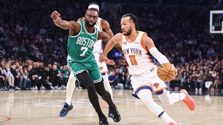 Feb 8, 2025; New York, New York, USA;  New York Knicks guard Jalen Brunson (11) looks to drive past Boston Celtics guard Jaylen Brown (7) in the first quarter at Madison Square Garden. Mandatory Credit: Wendell Cruz-Imagn Images