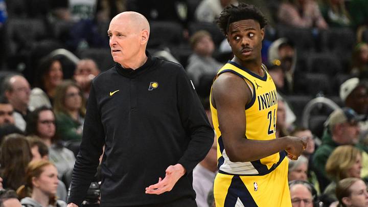 Mar 15, 2026; Milwaukee, Wisconsin, USA;  Indiana Pacers head coach Rick Carlisle reacts with forward Kobe Brown (24) in the third quarter against the Milwaukee Bucks at Fiserv Forum. Mandatory Credit: Benny Sieu-Imagn Images