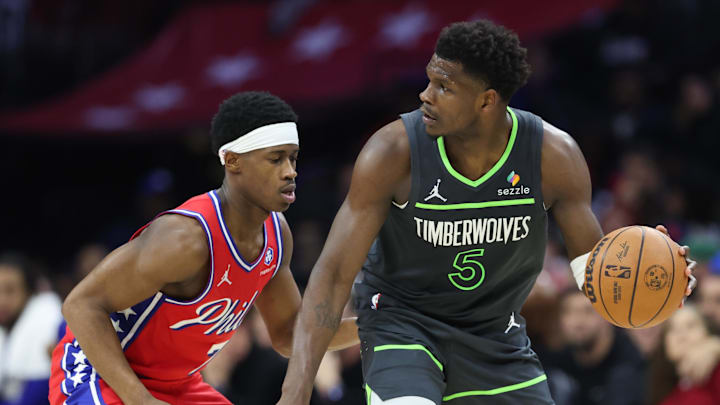 Apr 3, 2026; Philadelphia, Pennsylvania, USA; Minnesota Timberwolves guard Anthony Edwards (5) controls the ball against Philadelphia 76ers guard Vj Edgecombe (77) during the second quarter at Xfinity Mobile Arena. Mandatory Credit: Bill Streicher-Imagn Images Apr 3, 2026; Philadelphia, Pennsylvania, USA; Minnesota Timberwolves guard Anthony Edwards (5) controls the ball against Philadelphia 76ers guard Vj Edgecombe (77) during the second quarter at Xfinity Mobile Arena. Mandatory Credit: Bill Streicher-Imagn Images