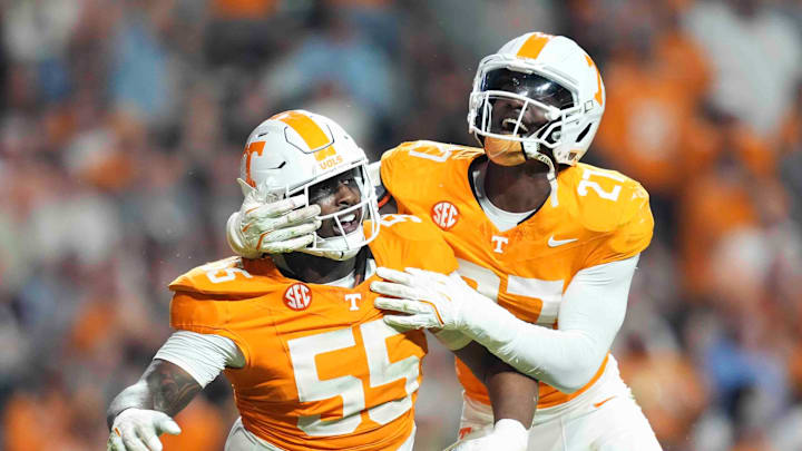 Tennessee defensive lineman James Pearce Jr. (27) celebrates Tennessee defensive lineman Omarr Norman-Lott’s (55) sack during an NCAA college football game between Tennessee and Mississippi State at Neyland Stadium in Knoxville, Tenn., Saturday, Nov. 9, 2024. Tennessee defensive lineman James Pearce Jr. (27) celebrates Tennessee defensive lineman Omarr Norman-Lott’s (55) sack during an NCAA college football game between Tennessee and Mississippi State at Neyland Stadium in Knoxville, Tenn., Saturday, Nov. 9, 2024.