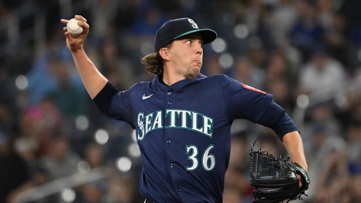 Seattle Mariners starting pitcher Logan Gilbert (36) delivers a pitch against the Toronto Blue Jays in the first inning at Rogers Centre on April 19.