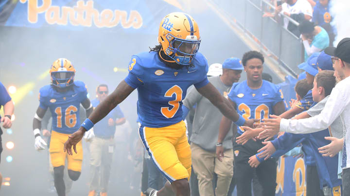 Sep 6, 2025; Pittsburgh, Pennsylvania, USA;  Pittsburgh Panthers wide receiver Cataurus Hicks (3) greets fans as he takes the field against the Central Michigan Chippewas at Acrisure Stadium. Mandatory Credit: Charles LeClaire-Imagn Images