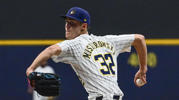 Sep 13, 2025; Milwaukee, Wisconsin, USA;  Milwaukee Brewers starting pitcher Jacob Misiorowski (32) throws against the St. Louis Cardinals in the first inning at American Family Field. Mandatory Credit: Benny Sieu-Imagn Images