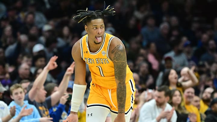 Mar 11, 2023; Cleveland, OH, USA; Kent State Golden Flashes forward VonCameron Davis (1) celebrates after a three point basket during the first half against the Toledo Rockets at Rocket Mortgage Field House. Mandatory Credit: Ken Blaze-Imagn Images