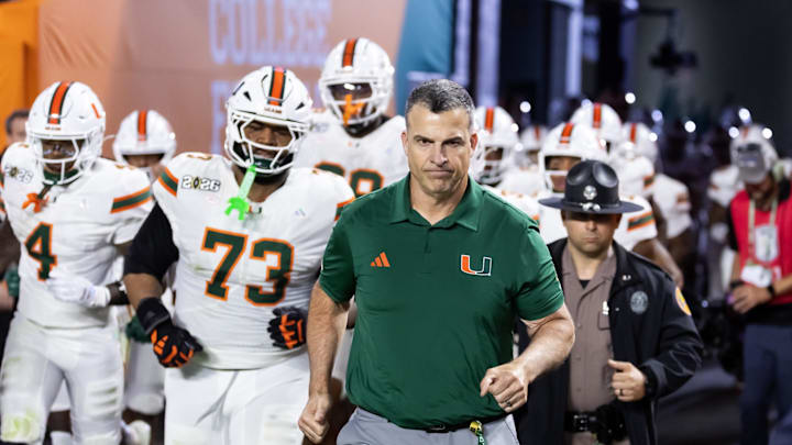 Jan 19, 2026; Miami Gardens, FL, USA; Miami Hurricanes head coach Mario Cristobal against the Indiana Hoosiers during the College Football Playoff National Championship game at Hard Rock Stadium. Mandatory Credit: Mark J. Rebilas-Imagn Images