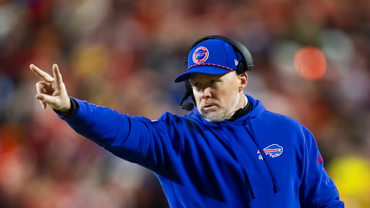 Jan 26, 2025; Kansas City, MO, USA; Buffalo Bills head coach Sean McDermott against the Kansas City Chiefs during the AFC Championship game at GEHA Field at Arrowhead Stadium. Mandatory Credit: Mark J. Rebilas-Imagn Images