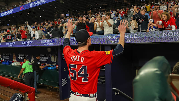 Sep 27, 2024; Atlanta, Georgia, USA; Atlanta Braves starting pitcher Max Fried (54) acknowledges fans after a victory over the Kansas City Royals at Truist Park. Mandatory Credit: Brett Davis-Imagn Images