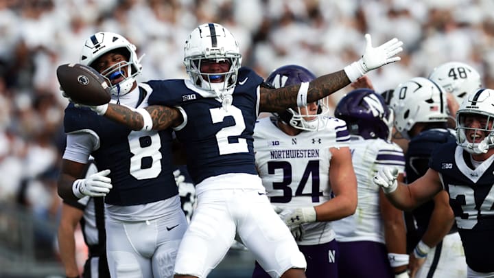 Penn State Nittany Lions cornerback Audavion Collins (2) celebrates after recovering a fumble on a punt return during the second quarter against the Northwestern Wildcats at Beaver Stadium. Penn State Nittany Lions cornerback Audavion Collins (2) celebrates after recovering a fumble on a punt return during the second quarter against the Northwestern Wildcats at Beaver Stadium.