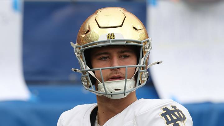 Nov 15, 2025; Pittsburgh, Pennsylvania, USA;  Notre Dame Fighting Irish quarterback CJ Carr (13) warms up before the game against the Pittsburgh Panthers at Acrisure Stadium. Mandatory Credit: Charles LeClaire-Imagn Images