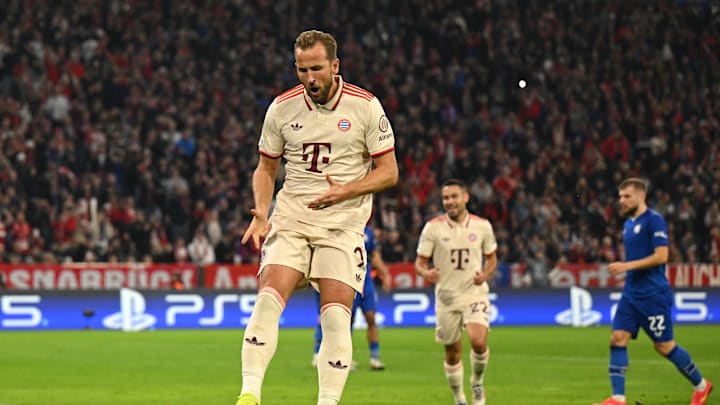 Harry Kane celebrates after scoring against Dinamo Zagreb in Bayern's first Champions League game of the season.