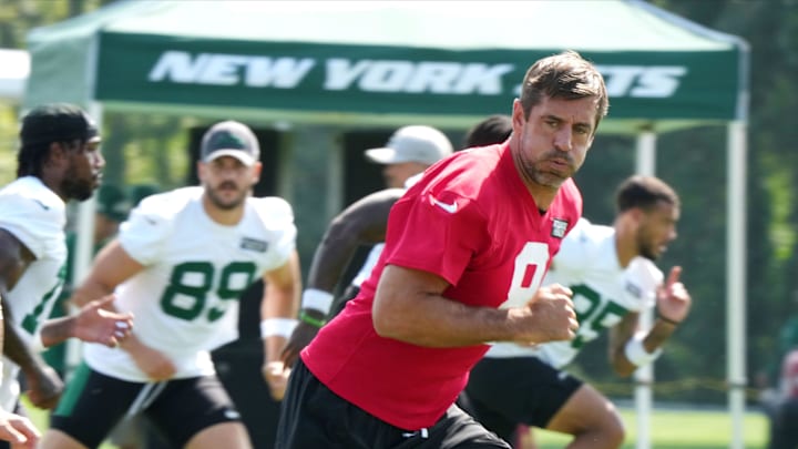 Florham Park, NJ -- July 27, 2024 -- Quarterback, Aaron Rodgers during New York Jets training camp this morning.