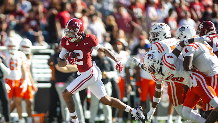 Nov 16, 2024; Tuscaloosa, Alabama, USA; Alabama Crimson Tide wide receiver Ryan Williams (2) runs the ball against the Mercer Bears during the first quarter at Bryant-Denny Stadium. Mandatory Credit: Will McLelland-Imagn Images