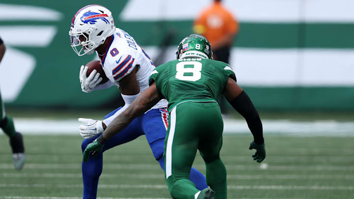 Bills receiver Keon Coleman (0) makes a catch against the Jets in Week 2.