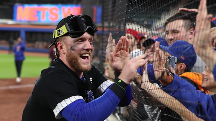 Oct 9, 2024; New York, New York, USA; New York Mets outfielder Harrison Bader celebrates after defeating the Philadelphia Phillies in game four of the NLDS for the 2024 MLB Playoffs at Citi Field. Mandatory Credit: Wendell Cruz-Imagn Images