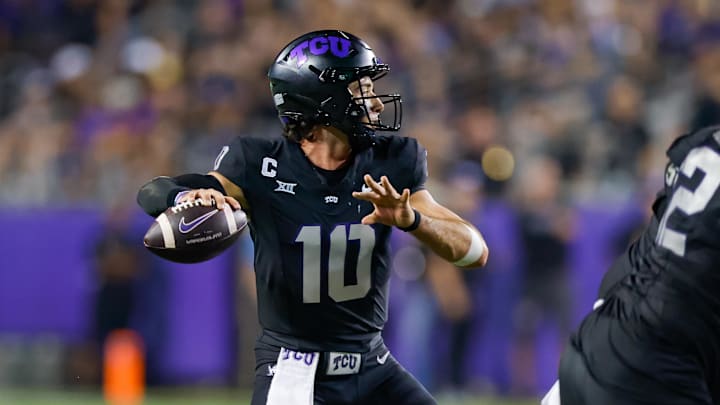 Sep 14, 2024; Fort Worth, Texas, USA; TCU Horned Frogs quarterback Josh Hoover (10) throws a pass during the first quarter against the UCF Knights at Amon G. Carter Stadium. Mandatory Credit: Andrew Dieb-Imagn Images Sep 14, 2024; Fort Worth, Texas, USA; TCU Horned Frogs quarterback Josh Hoover (10) throws a pass during the first quarter against the UCF Knights at Amon G. Carter Stadium. Mandatory Credit: Andrew Dieb-Imagn Images