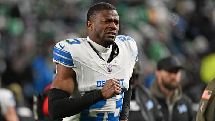Nov 16, 2025; Philadelphia, Pennsylvania, USA; Detroit Lions cornerback Rock Ya-Sin (23) runs off the field at halftime against the Philadelphia Eagles at Lincoln Financial Field. Mandatory Credit: Eric Hartline-Imagn Images