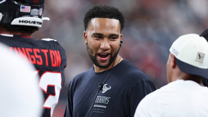 Aug 13, 2026; Houston, Texas, USA; Houston Texans quarterback C.J. Stroud talks on the sideline during the second quarter against the Los Angeles Chargers at Reliant Stadium. Mandatory Credit: Troy Taormina-Imagn Images Aug 13, 2026; Houston, Texas, USA; Houston Texans quarterback C.J. Stroud talks on the sideline during the second quarter against the Los Angeles Chargers at Reliant Stadium. Mandatory Credit: Troy Taormina-Imagn Images