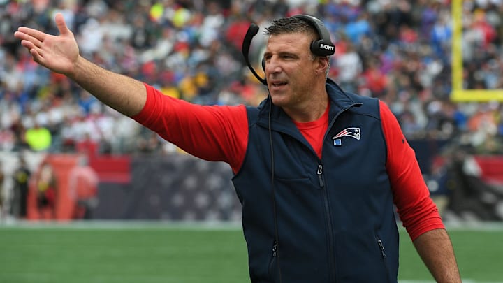 Sep 7, 2025; Foxborough, Massachusetts, USA; New England Patriots head coach Mike Vrabel reacts against the Las Vegas Raiders during the first half at Gillette Stadium. Mandatory Credit: Bob DeChiara-Imagn Images