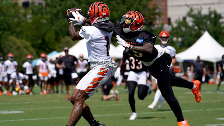 July 31, 2023; Cincinnati, OH, USA; Cincinnati Bengals cornerback Cam Taylor-Britt (29) breaks up a