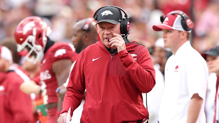 Oct 18, 2025; Fayetteville, Arkansas, USA; Arkansas Razorbacks interim head coach Bobby Petrino during the second quarter against the Texas A&M Aggies at Donald W. Reynolds Razorback Stadium. Mandatory Credit: Nelson Chenault-Imagn Images Oct 18, 2025; Fayetteville, Arkansas, USA; Arkansas Razorbacks interim head coach Bobby Petrino during the second quarter against the Texas A&M Aggies at Donald W. Reynolds Razorback Stadium. Mandatory Credit: Nelson Chenault-Imagn Images