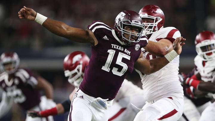 Texas A&M Aggies defensive lineman Myles Garrett (15) during the game against the Arkansas Razorbacks at AT&T Stadium. Texas A&M Aggies defensive lineman Myles Garrett (15) during the game against the Arkansas Razorbacks at AT&T Stadium.