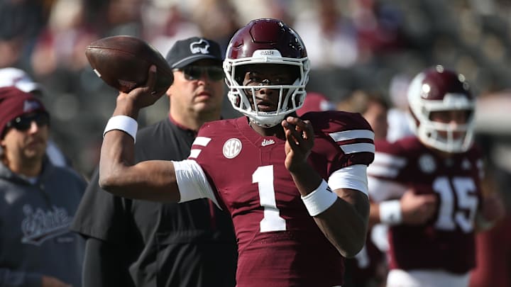 Mississippi State Bulldogs quarterback Kamario Taylor (1) warms up.