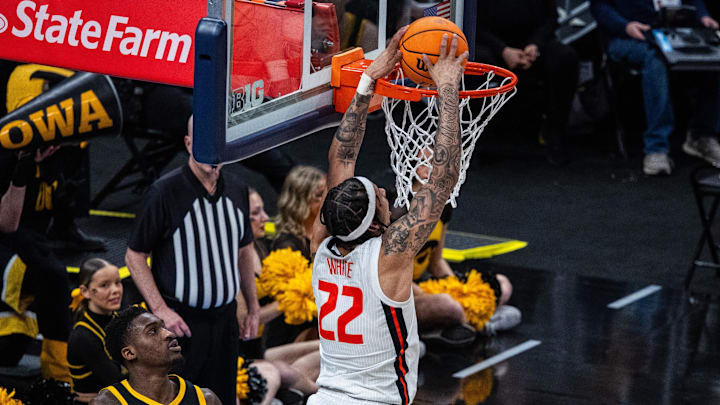 Mar 13, 2025; Indianapolis, IN, USA; Illinois Fighting Illini guard Tre White (22) shoots the ball while Iowa Hawkeyes guard Drew Thelwell (3) defends in the first half at Gainbridge Fieldhouse. Mandatory Credit: Trevor Ruszkowski-Imagn Images Mar 13, 2025; Indianapolis, IN, USA; Illinois Fighting Illini guard Tre White (22) shoots the ball while Iowa Hawkeyes guard Drew Thelwell (3) defends in the first half at Gainbridge Fieldhouse. Mandatory Credit: Trevor Ruszkowski-Imagn Images