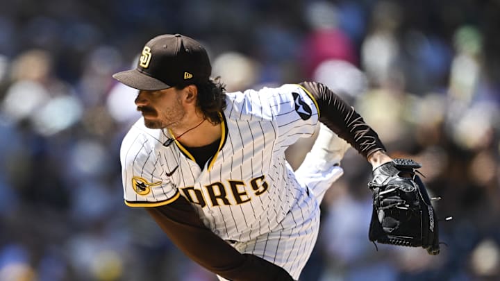 Sep 24, 2025; San Diego, California, USA; San Diego Padres starting pitcher Dylan Cease (84) delivers during the second inning against the Milwaukee Brewers at Petco Park. 