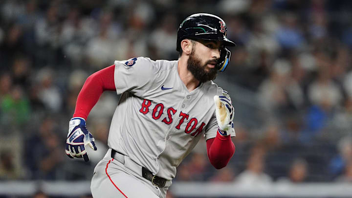 Sep 12, 2024; Bronx, New York, USA; Boston Red Sox first baseman Connor Wong (12) runs out a double against the New York Yankees during the second inning at Yankee Stadium. Mandatory Credit: Gregory Fisher-Imagn Images