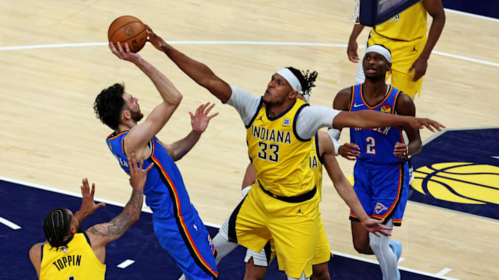 Jun 11, 2025; Indianapolis, Indiana, USA; Indiana Pacers center Myles Turner (33) blocks the shot of Oklahoma City Thunder forward Chet Holmgren (7) during the fourth quarter in game three of the 2025 NBA Finals at Gainbridge Fieldhouse. Mandatory Credit: Trevor Ruszkowski-Imagn Images Jun 11, 2025; Indianapolis, Indiana, USA; Indiana Pacers center Myles Turner (33) blocks the shot of Oklahoma City Thunder forward Chet Holmgren (7) during the fourth quarter in game three of the 2025 NBA Finals at Gainbridge Fieldhouse. Mandatory Credit: Trevor Ruszkowski-Imagn Images
