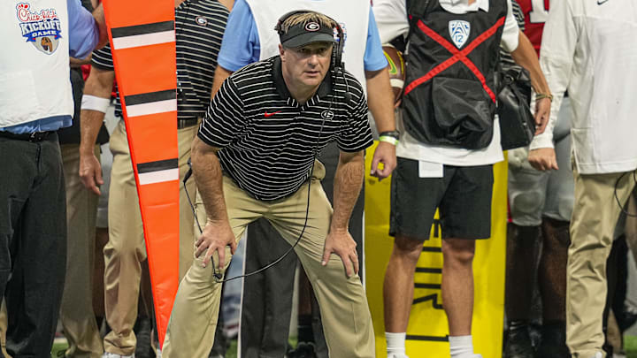 Sep 3, 2022; Atlanta, Georgia, USA; Georgia Bulldogs head coach Kirby Smart follows the action against the Oregon Ducks during the second half at Mercedes-Benz Stadium. Mandatory Credit: Dale Zanine-Imagn Images