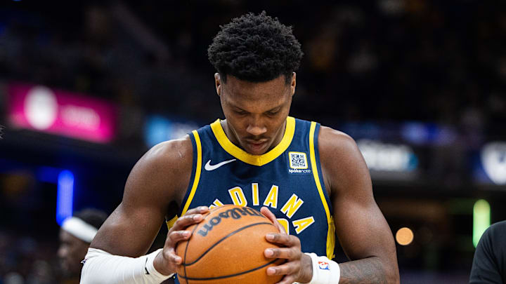 Jan 14, 2025; Indianapolis, Indiana, USA;  Indiana Pacers guard Bennedict Mathurin (00) handles the ball in the second half against the Cleveland Cavaliers at Gainbridge Fieldhouse. Mandatory Credit: Trevor Ruszkowski-Imagn Images
