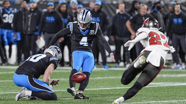 Dec 1, 2024; Charlotte, North Carolina, USA; Carolina Panthers place kicker Eddy Pineiro (4) kicks a field goal against the Tampa Bay Buccaneers during the second quarter at Bank of America Stadium. Mandatory Credit: Jim Dedmon-Imagn Images Dec 1, 2024; Charlotte, North Carolina, USA; Carolina Panthers place kicker Eddy Pineiro (4) kicks a field goal against the Tampa Bay Buccaneers during the second quarter at Bank of America Stadium. Mandatory Credit: Jim Dedmon-Imagn Images
