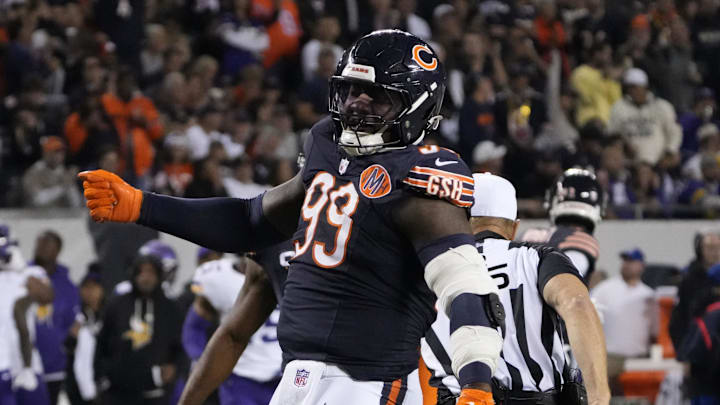 Sep 8, 2025; Chicago, Illinois, USA; Chicago Bears defensive tackle Gervon Dexter Sr. (99) reacts after a sack against the Minnesota Vikings during the second half at Soldier Field. Mandatory Credit: David Banks-Imagn Images