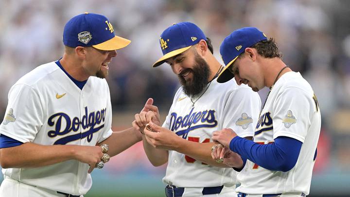 Mar 27, 2026; Los Angeles, California, USA; Los Angeles Dodgers pitcher Blake Treinen (49) and pitcher Alex Vesia (51) and pitcher Justin Wrobleski (70) during the World Series ring ceremony before the game against the Arizona Diamondbacks at Dodger Stadium. Mandatory Credit: Jayne Kamin-Oncea-Imagn Images Mar 27, 2026; Los Angeles, California, USA; Los Angeles Dodgers pitcher Blake Treinen (49) and pitcher Alex Vesia (51) and pitcher Justin Wrobleski (70) during the World Series ring ceremony before the game against the Arizona Diamondbacks at Dodger Stadium. Mandatory Credit: Jayne Kamin-Oncea-Imagn Images