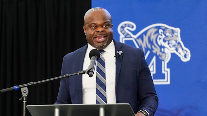 Charles Huff gives his introductory speech as the head coach for the University of Memphis football team during a press conference at Billy J. Murphy Athletic Complex in Memphis, Tenn., on December 10, 2025. Charles Huff gives his introductory speech as the head coach for the University of Memphis football team during a press conference at Billy J. Murphy Athletic Complex in Memphis, Tenn., on December 10, 2025.