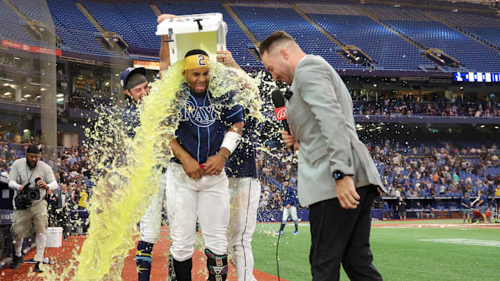Sep 9, 2023; St. Petersburg, Florida, USA;  Tampa Bay Rays first baseman Yandy Diaz (2) celebrates