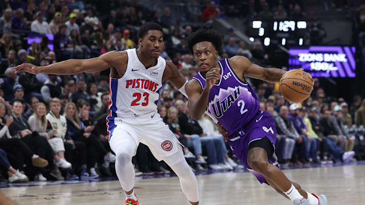 Jan 3, 2024; Salt Lake City, Utah, USA; Utah Jazz guard Collin Sexton (2) drives to the basket against Detroit Pistons guard Jaden Ivey (23) during the first quarter at Delta Center. Mandatory Credit: Rob Gray-Imagn Images