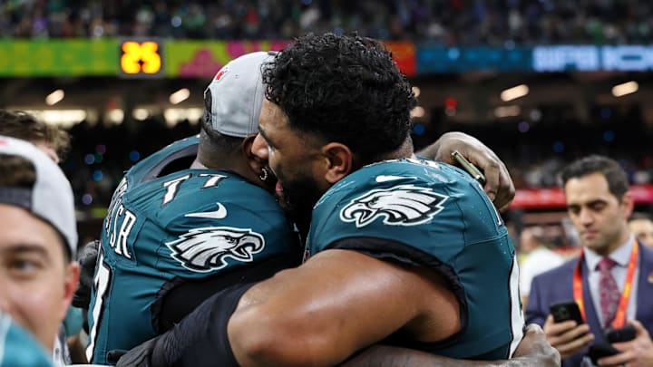 Feb 9, 2025; New Orleans, LA, USA; Philadelphia Eagles offensive tackle Jordan Mailata (68) celebrates with Philadelphia Eagles offensive tackle Mekhi Becton (77) after winning Super Bowl LIX at Caesars Superdome. Mandatory Credit: Geoff Burke-Imagn Images