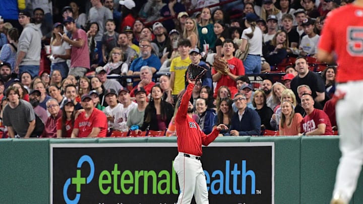 Boston Red Sox right fielder Wilyer Abreu (52) makes a catch for an out against the Tampa Bay Rays during fourth inning at Fenway Park on Sept 27.
