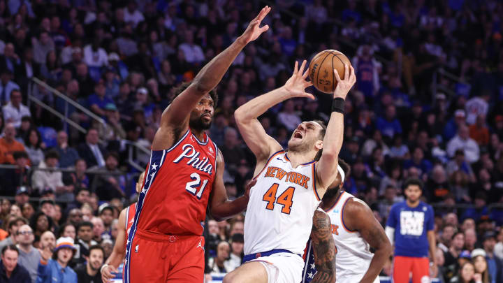 Apr 20, 2024; New York, New York, USA; New York Knicks forward Bojan Bogdanovic (44) looks to drive