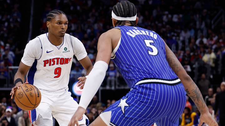 May 3, 2026; Detroit, Michigan, USA; Detroit Pistons guard Ausar Thompson (9) dribbles defended by Orlando Magic forward Paolo Banchero (5) in the second half during game seven of the first round of the 2026 NBA Playoffs at Little Caesars Arena. Mandatory Credit: Rick Osentoski-Imagn Images May 3, 2026; Detroit, Michigan, USA; Detroit Pistons guard Ausar Thompson (9) dribbles defended by Orlando Magic forward Paolo Banchero (5) in the second half during game seven of the first round of the 2026 NBA Playoffs at Little Caesars Arena. Mandatory Credit: Rick Osentoski-Imagn Images