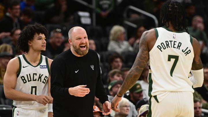 Oct 5, 2026; Milwaukee, Wisconsin, USA; Milwaukee Bucks head coach Taylor Jenkins greets guard Kevin Porter (7) after a score against the Minnesota Timberwolves at Fiserv Forum. Mandatory Credit: Benny Sieu-Imagn Images Oct 5, 2026; Milwaukee, Wisconsin, USA; Milwaukee Bucks head coach Taylor Jenkins greets guard Kevin Porter (7) after a score against the Minnesota Timberwolves at Fiserv Forum. Mandatory Credit: Benny Sieu-Imagn Images
