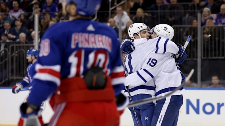 Dec 12, 2023; New York, New York, USA; Toronto Maple Leafs center Calle Jarnkrok (19) celebrates his