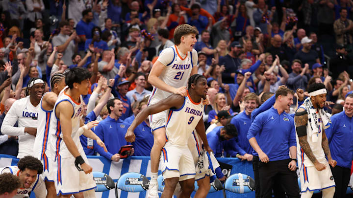 Mar 20, 2026; Tampa, FL, USA; Florida Gators bench reacts in the second half against the Prairie View A&M Panthers during a first round game of the men's 2026 NCAA Tournament at Benchmark International Arena. Mandatory Credit: Matt Pendleton-Imagn Images Mar 20, 2026; Tampa, FL, USA; Florida Gators bench reacts in the second half against the Prairie View A&M Panthers during a first round game of the men's 2026 NCAA Tournament at Benchmark International Arena. Mandatory Credit: Matt Pendleton-Imagn Images