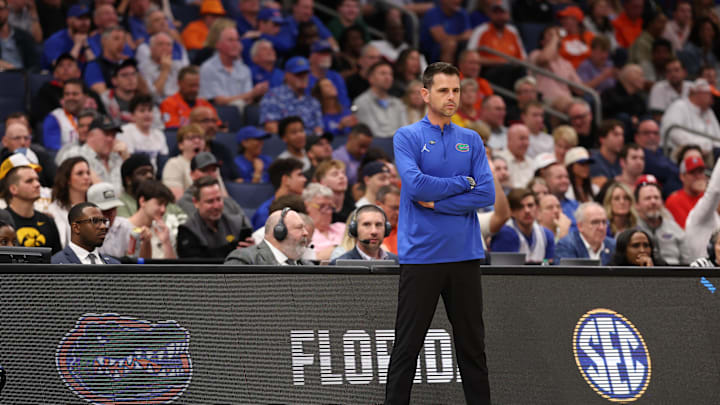 Mar 20, 2026; Tampa, FL, USA; Florida Gators head coach Todd Golden looks on during the first half against the Prairie View A&M Panthers during a first round game of the men's 2026 NCAA Tournament at Benchmark International Arena. Mandatory Credit: Matt Pendleton-Imagn Images