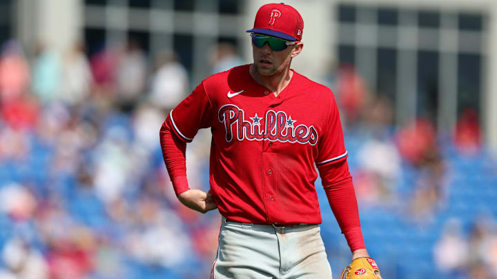 Mar 5, 2023; Dunedin, Florida, USA;  Philadelphia Phillies first baseman Rhys Hoskins (17) looks on