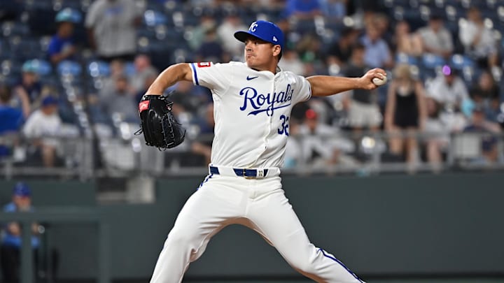 Jun 11, 2024; Kansas City, Missouri, USA; Kansas City Royals first baseman Nick Pratto (32) delivers a pitch in the ninth inning against the New York Yankees at Kauffman Stadium. Mandatory Credit: Peter Aiken-USA TODAY Sports Jun 11, 2024; Kansas City, Missouri, USA; Kansas City Royals first baseman Nick Pratto (32) delivers a pitch in the ninth inning against the New York Yankees at Kauffman Stadium. Mandatory Credit: Peter Aiken-USA TODAY Sports