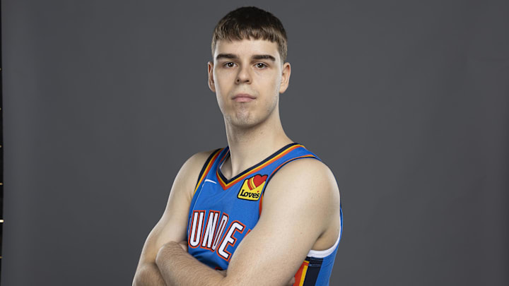 Sep 29, 2025; Oklahoma City, OK, USA; Oklahoma City Thunder guard Nikola Topic (44) poses for a photo during the 2025 Oklahoma City Thunder media day at Paycom Center. Mandatory Credit: Alonzo Adams-Imagn Images